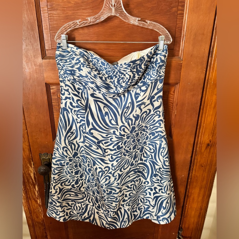 Ann Taylor Strapless Blue and White Floral Print Dress